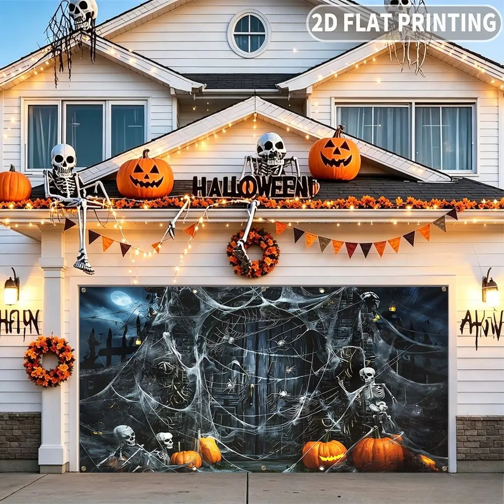 1pc 2D FLAT Halloween Party Garage Banner, Halloween Skeletons Pumpkins And Spiderwebs Pattern, No Power Need, for Home Decor