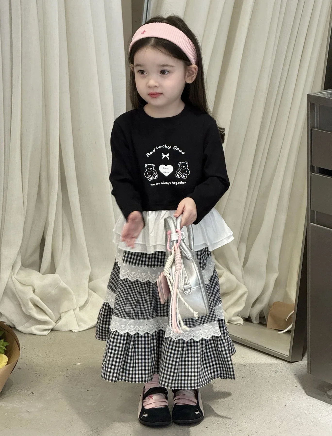 

Opao Girls Outfit Long Sve Doll irt Plaid Skirt Two Piece Set Cotton Casual Autumn Wear for Kids Ages -8