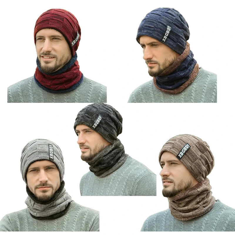 

2 Pieces Men Women Winter Beanie Hat Circle Scarf Set Thick Plush Lined Plaid Knitted Skull Outdoor Windproof Snow Ski Neck