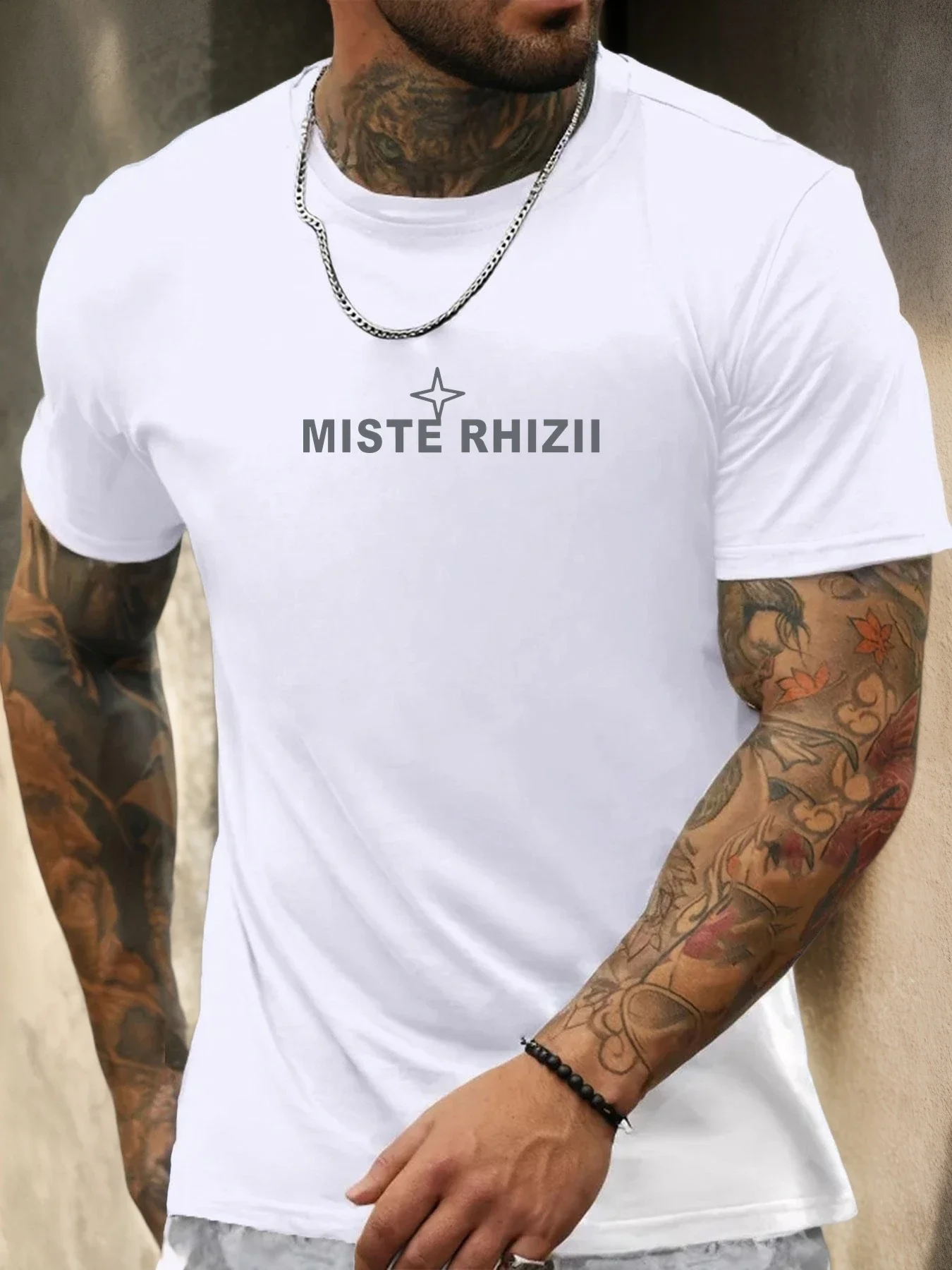 

Pop Men's White Short Sleeve T-Shirt 100% Cotton MISTE RHIZII Star Logo Printed Round Neck Summer Breathable Casual Fashion Tee