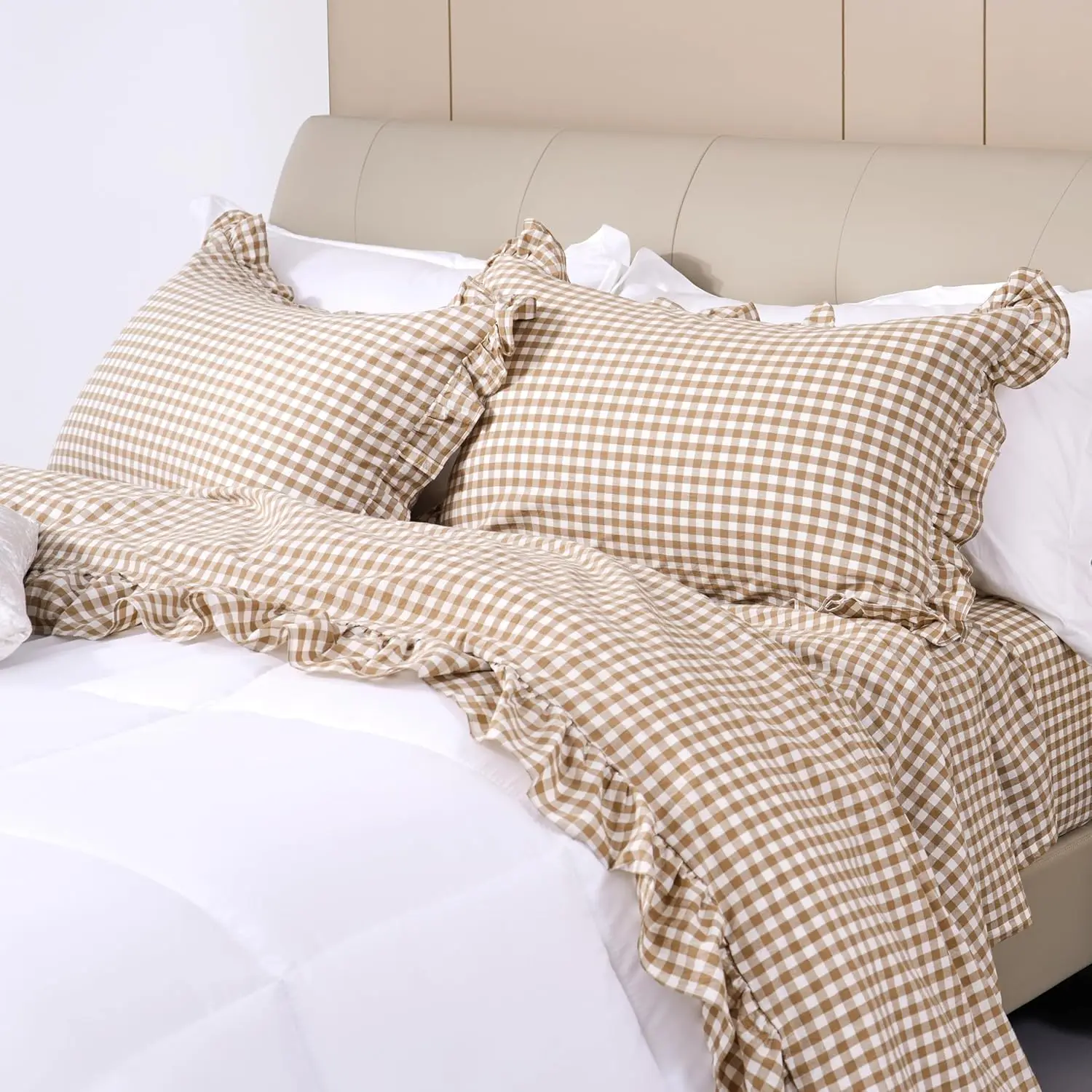 

Комплект постельного белья Queen Size из 4 предметов: клетчатые простыни с оборками, 100% хлопок, в стиле фермерского дома, с глубоким карманом, мягкие и прочные