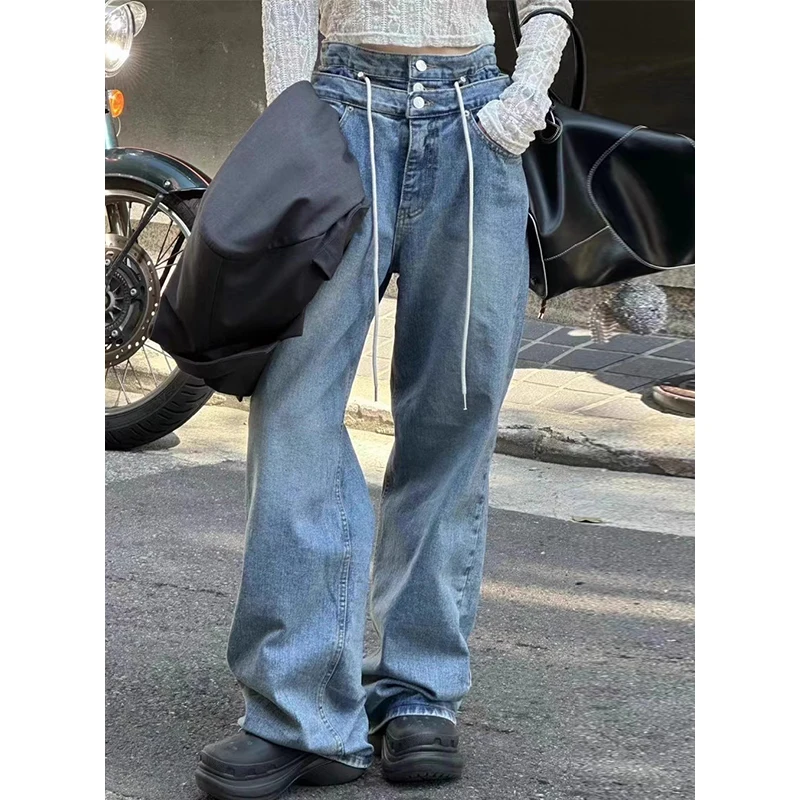 

Chic Autumnal High Waist Wide Leg Jeans Women's Casual Style Patchwork Double Waist Loose Fit Drawstring Straight Leg Jeans