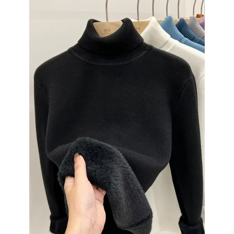 Women's Polo/Turtle Neck Long Sleeve Fleece-Lined Thickened Inner One-Piece Velvet Sweater Stylish Warm Base Layer Autumn/Winter