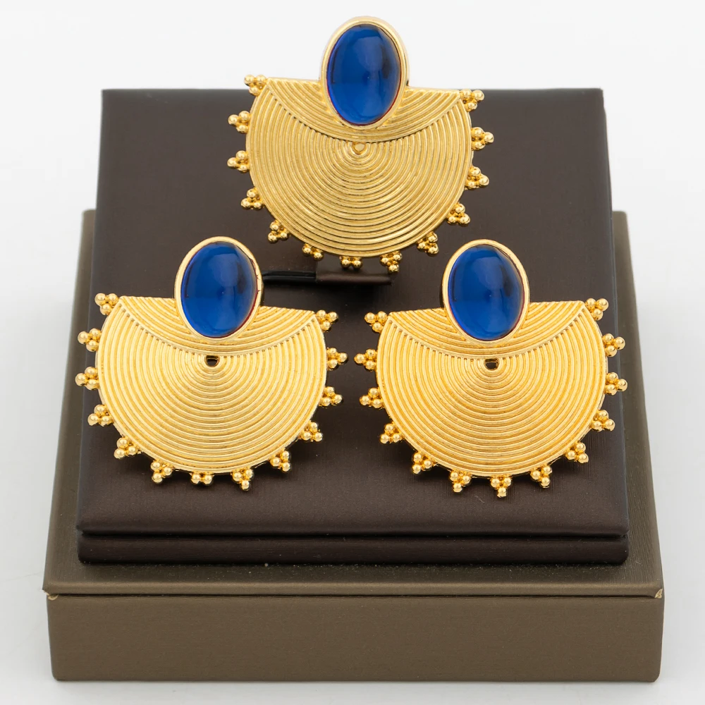 18K vergoldetes fächerförmiges mehrfarbiges ovaler Stein-Ohrringe- und Ring-Set für Damen, luxuriöse Hochzeits- und Party-Accessoires, Brautschmuck, Geschenk – Detail 5