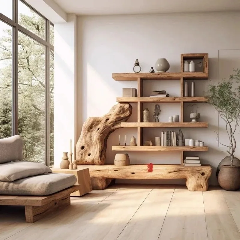 wabi sandy wind log fragrant camphor wood bogu shelf, storage original ecological retro multi-treasure pavilion