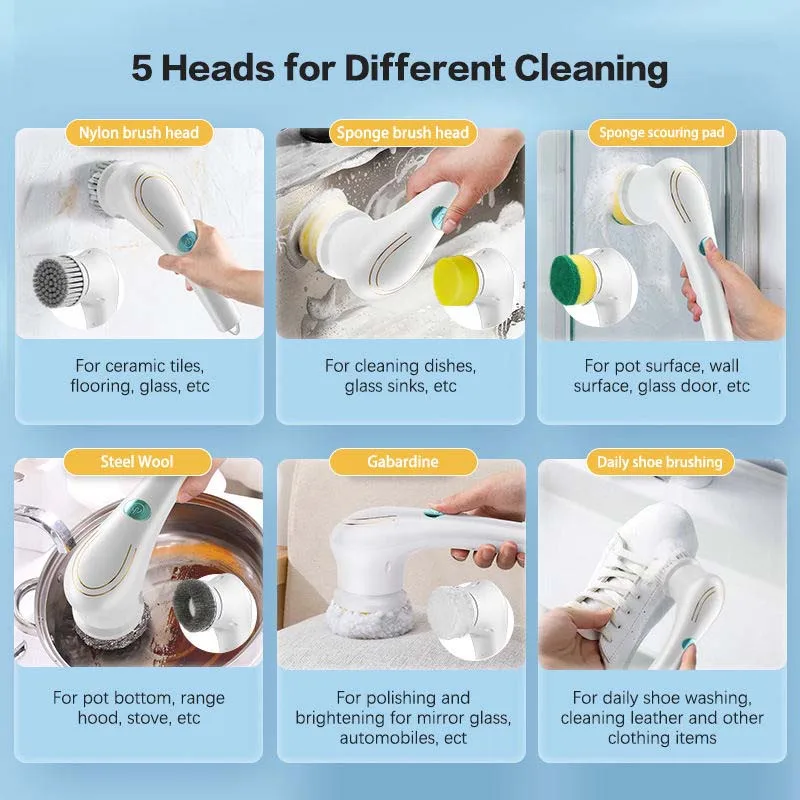 Hot Sale Rechargeable Bathroom USB 5 in 1 Cleaner Automatic Rotation Electric Brush Handheld Kitchen Electric Cleaning Brush