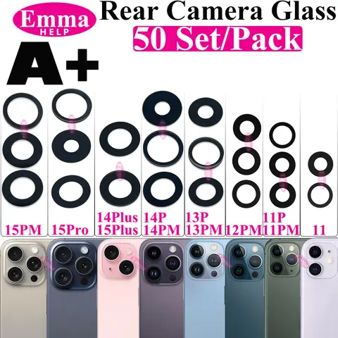 EmmaHelp 50 zestawów szkła tylnej kamery do iPhone'a 14 13 12 11 Pro Max X XS XR 7 8 Plus Osłona tylnej kamery z naklejką 3M Adhesiv