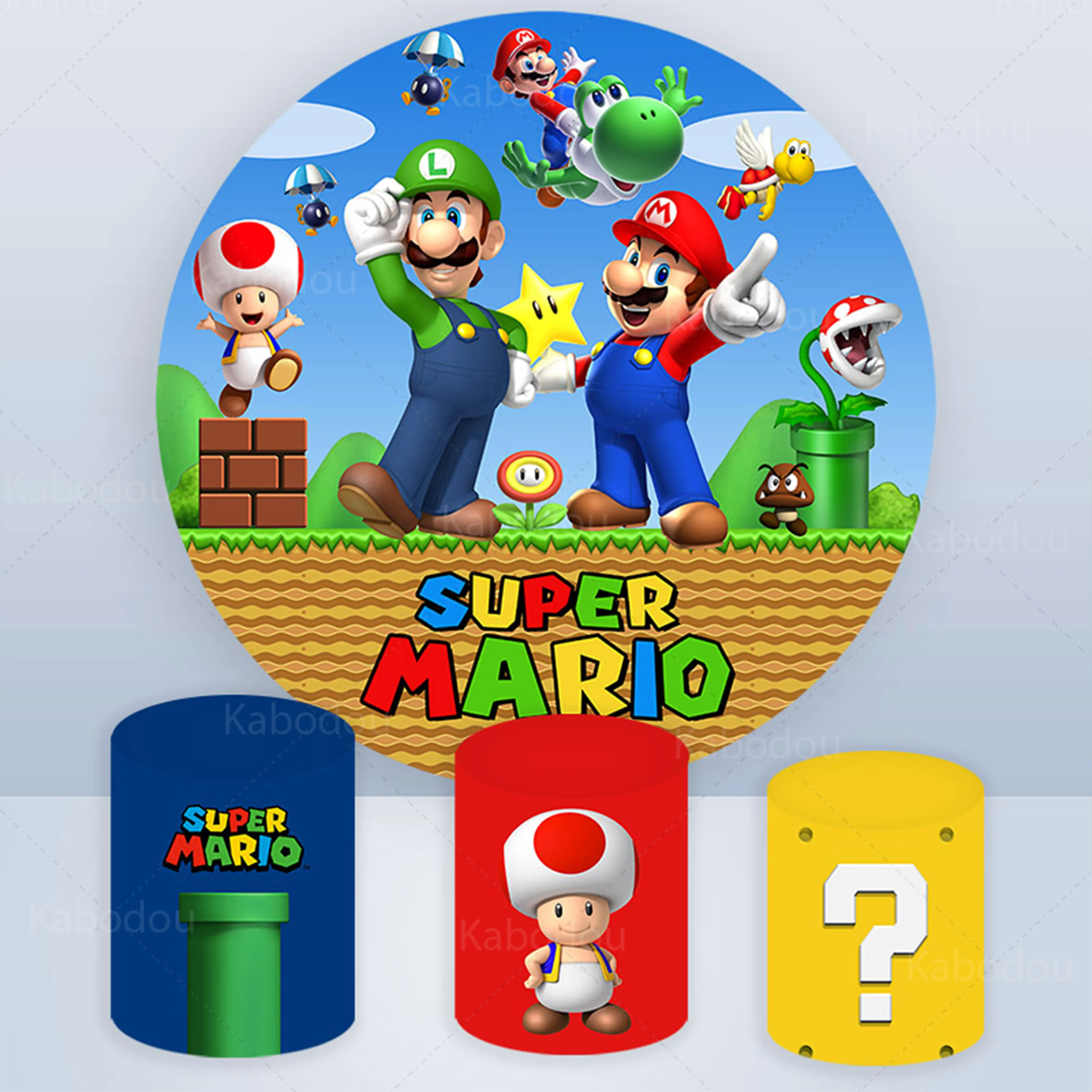 Round Super Mario Bros Backdrop Boys Birthday Party Decoration Cylinder Cover Polyester Photography Background Baby Shower Props