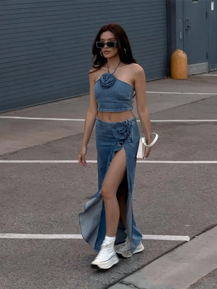 

Elegant Women's Denim Skirts Two Piece Set Halter Neck Crop Top Matching High Slit Skirt Female Casual Party Beach Wear Outfits