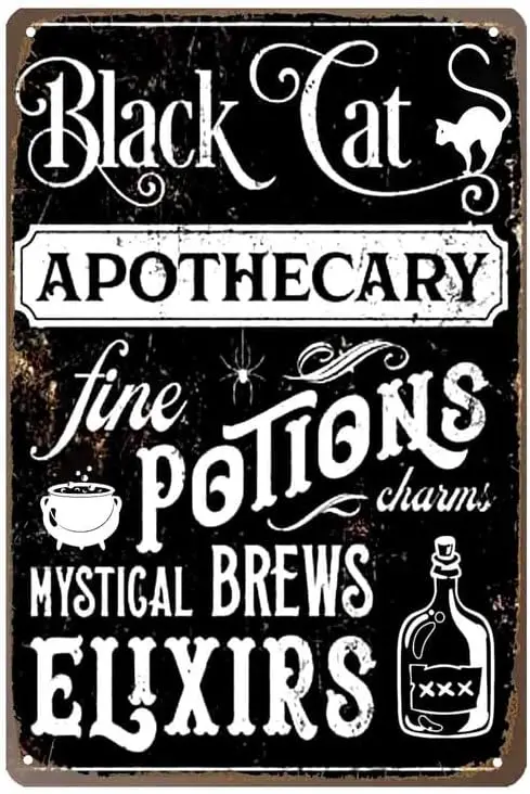 Black Cat Apothecary Fine Potions Elixirs Holiday Metal Tin Wall Art Rustic Fall Sign Creepy Gothic Halloween Christmas sign