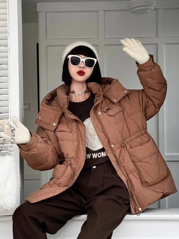 2025 موضة جديدة مقنعين منتصف طول سميكة الدافئة بطة أسفل معطف الإناث جديد الخريف الشتاء ملابس علوية النساء رقيق سترة منفوخة #3