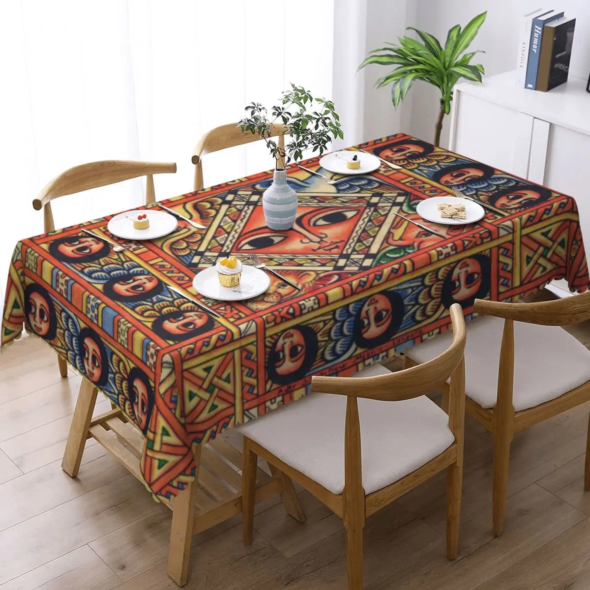 Round Waterproof Ethiopian Ancient Art Table Cover Tablecloth for Dining 60 inches Table Cloth