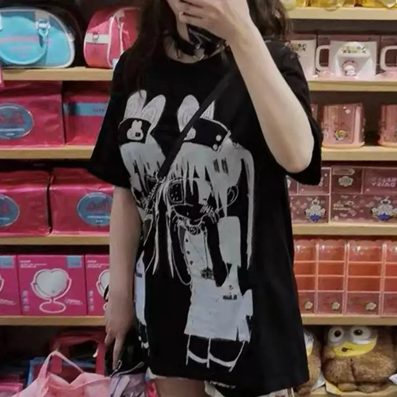 T-shirt col rond Y2K pour femme, style Cool et Mignon, subculture Arcane, manches courtes, noir, années 2000, Harajuku, Punk, style japonais