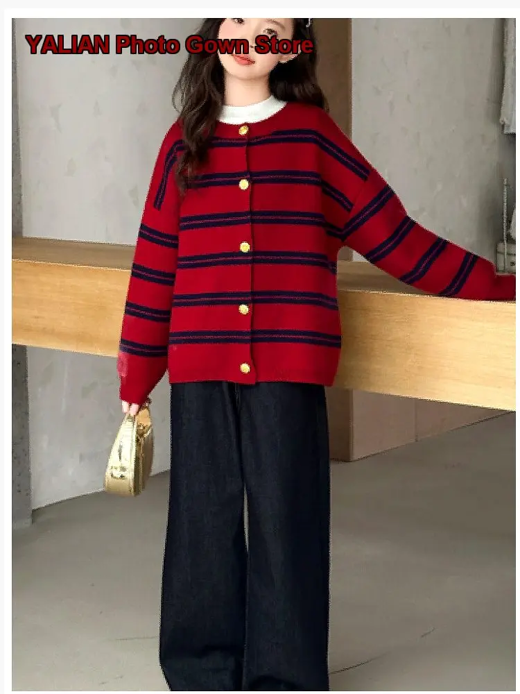 Girls Spring Autumn 2026 Super Beautiful Korean Style Striped Knit Jacket Kids
