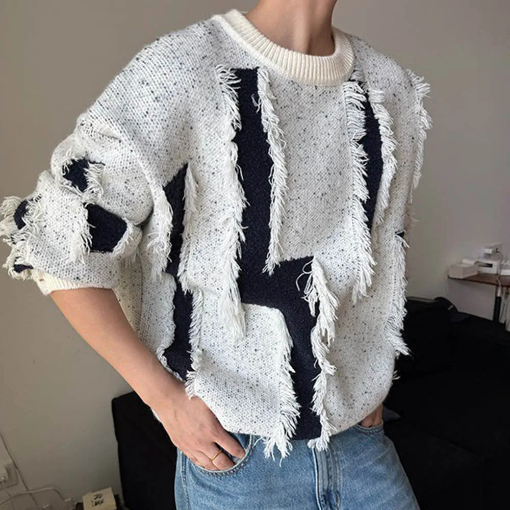 

Мужской свитер с рваными кисточками, вязаный свитер, осенняя уличная одежда, модный контрастный цвет, молодежный топ с длинными рукавами для кампуса, мужская одежда