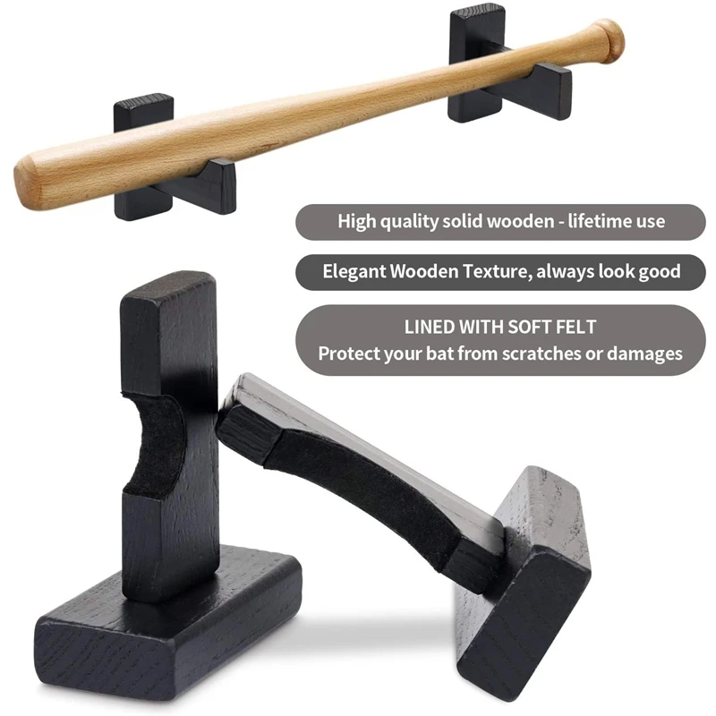 Retail Baseball Bat Display Wall Mount, suportes para parede, sólido, feltro forro e parafusos