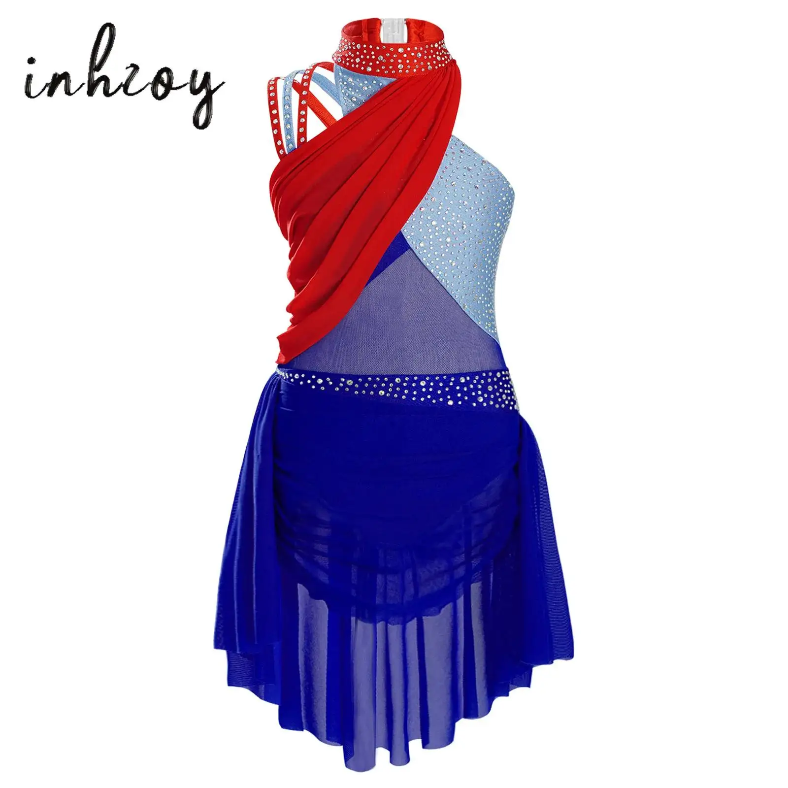 

Kids Girls Sparkling Rhinestones Figure Skating Costume Sleeveless Crisscross Strappy Back Color Block Lyrical Latin Dance Dress