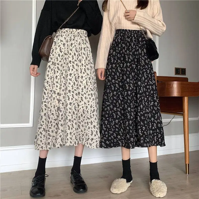 Plus Size Lastic Waist Casual Floral Skirt Summer Loose Streetwear Black Kawaii Long Skirts For Women New Korean Fashion Faldas