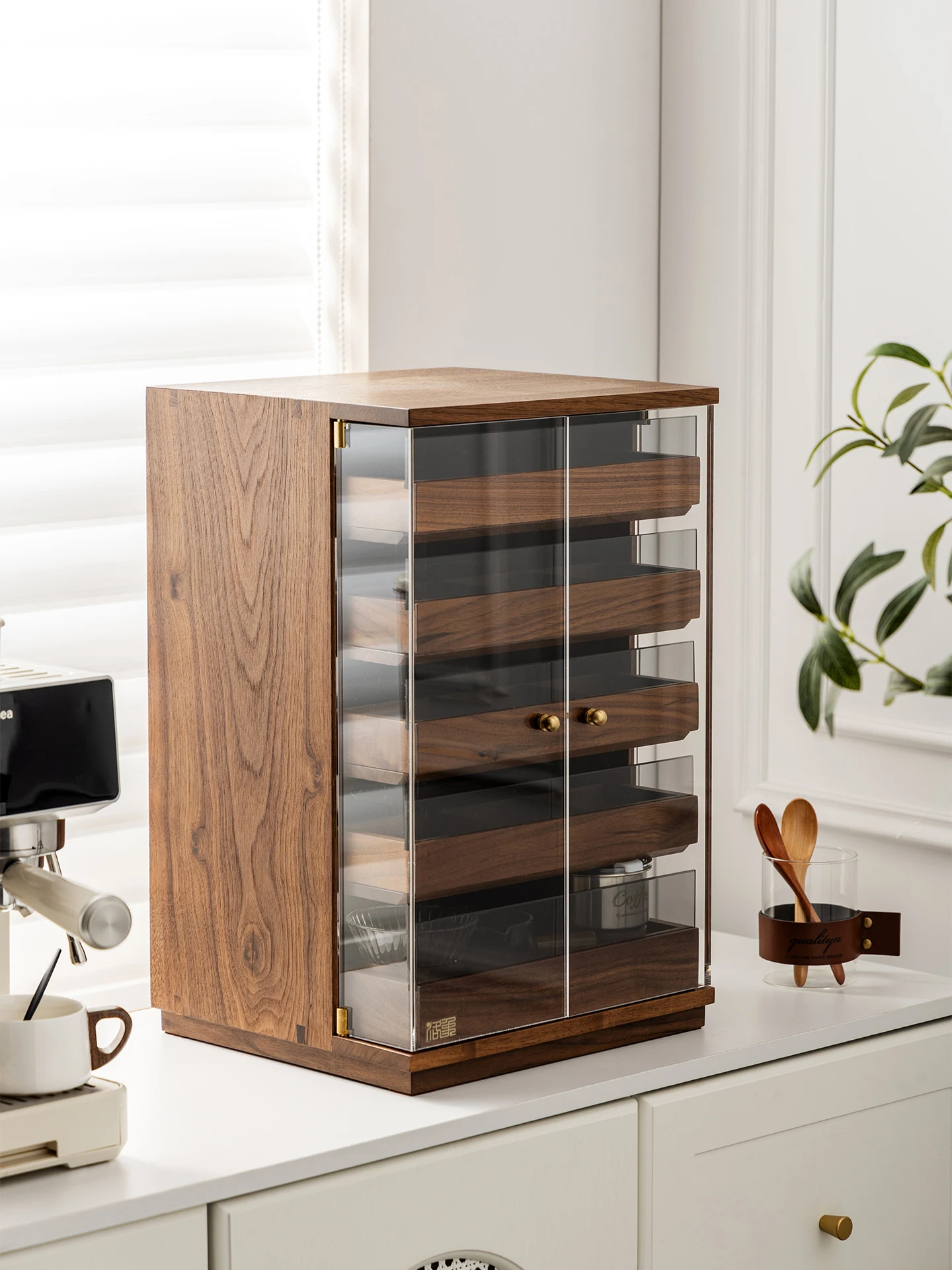 ตู้เก็บของไม้วอลนัทแบบเรียบง่ายทันสมัย ตู้เก็บของใส่ถ้วยชา เครื่องประดับ ของจิปาถะ กระจก ไม้เนื้อแข็ง ตู้ห้องน้ำชา ห้องนอน ห้องนั่งเล่น