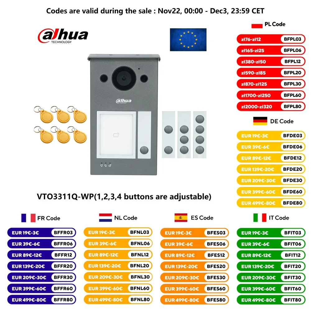 Dahua Multi-language VTO3311Q-WP 802.3af PoE IP Villa Wi-Fi Doorbell,Video intercom,IP Door Phone,P2P Cloud,Door Station