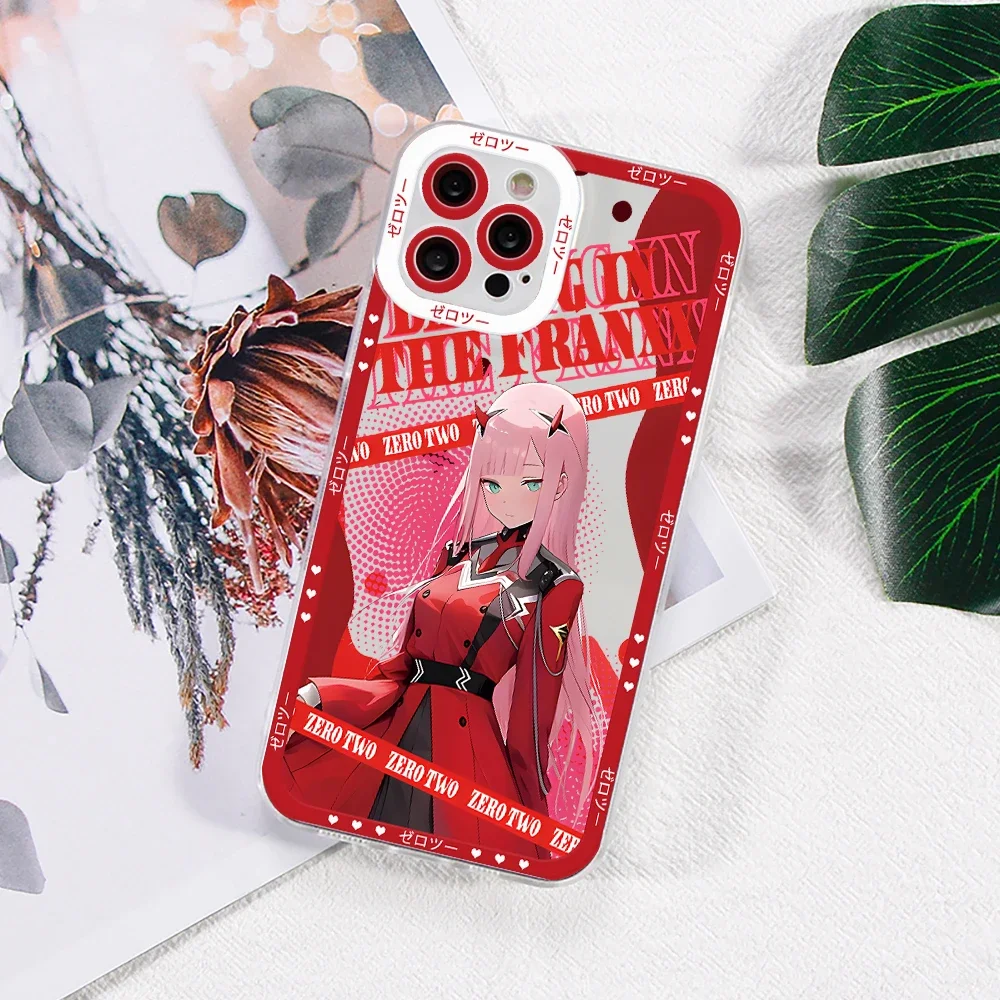 DARLING FRANXX Zero Two Phone Case for iPhone 16 15 14 Plus 13 12 Mini 11 Pro Max X Xs XR 7 8 Border Print Transparent Soft Capa