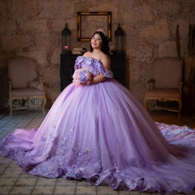

Lavender Quinceanera Dresses Off the Shoulder Crystal Flower Beads Decal Long tail Vestido De 15 Quinceanera Customize