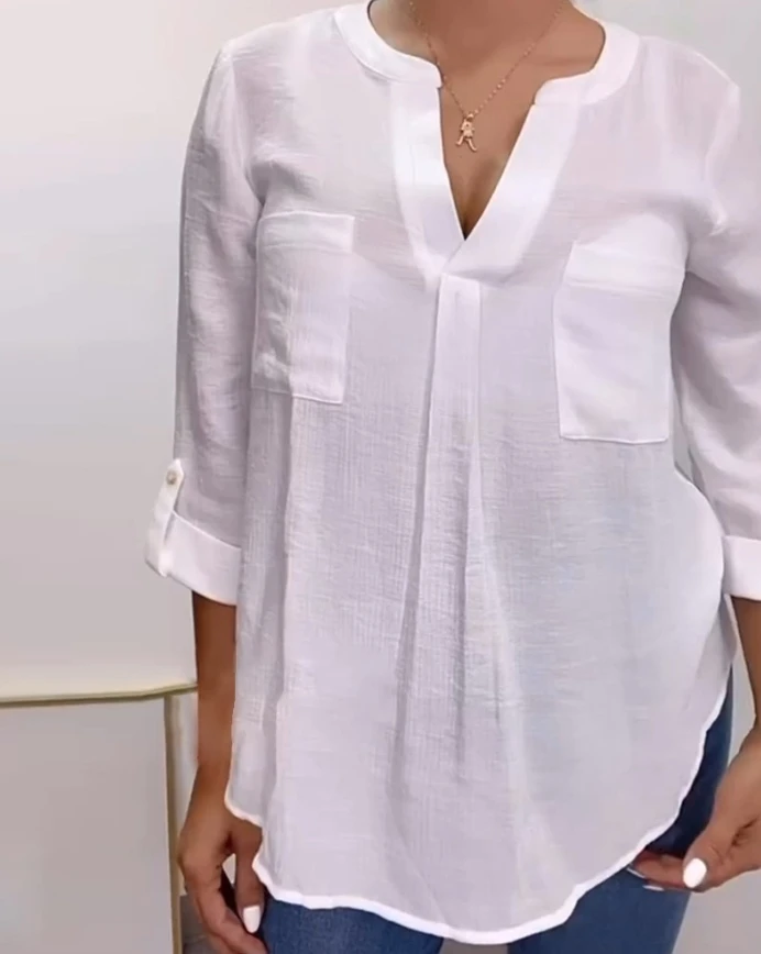 V-Neck Rolled Up Sleeve Back Button Up Shirt with Pocket Casual Top for Women's Summer Elegant Casual Commuting Shirt Top