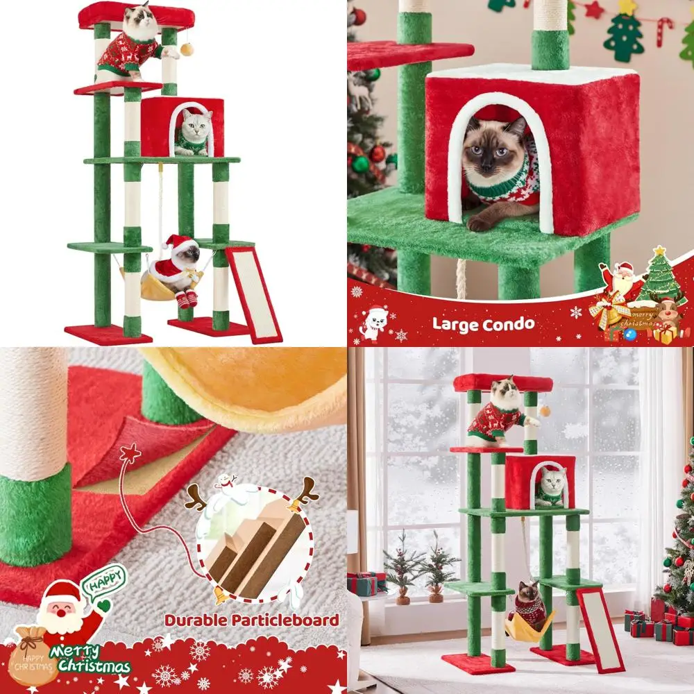 

63-Inch Christmas-Themed Cat Tree with Multiple Levels, Cozy Caves, 7 Scratching Posts, Scratching Ladder, and Hammock for Indoo