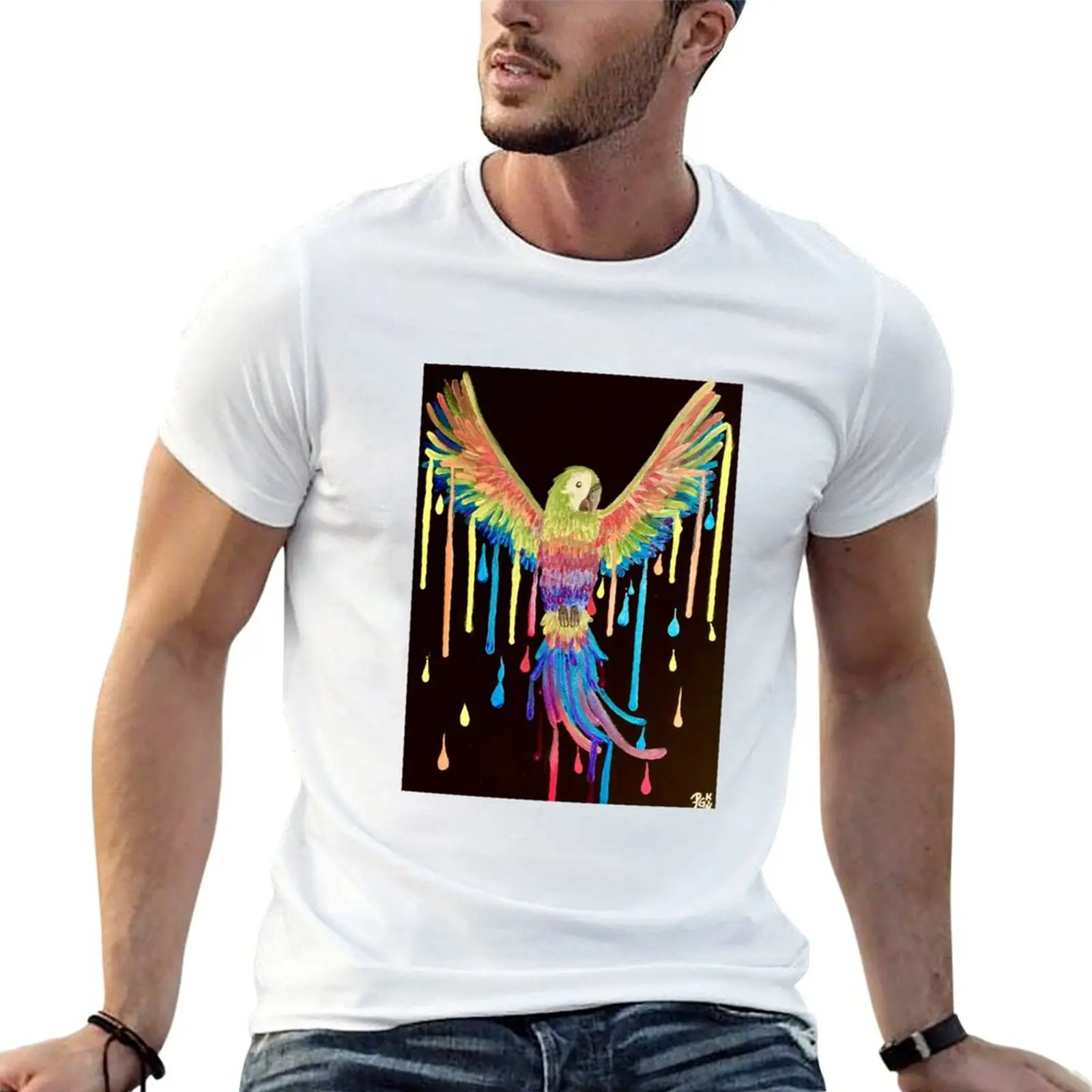 

SPREAD YOUR COLORS Parrot and paint drips T-Shirt man t shirt luxury anime tshirt T-Shirt