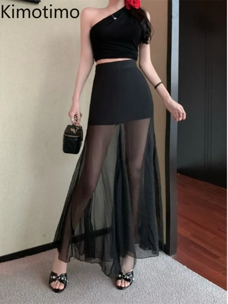 

Kimotimo Summer Black Mesh Patchwork Skirts Women Sexy High Waist Slim A-line Transparent Long Skirt Korean Ins Y2k Streetwear