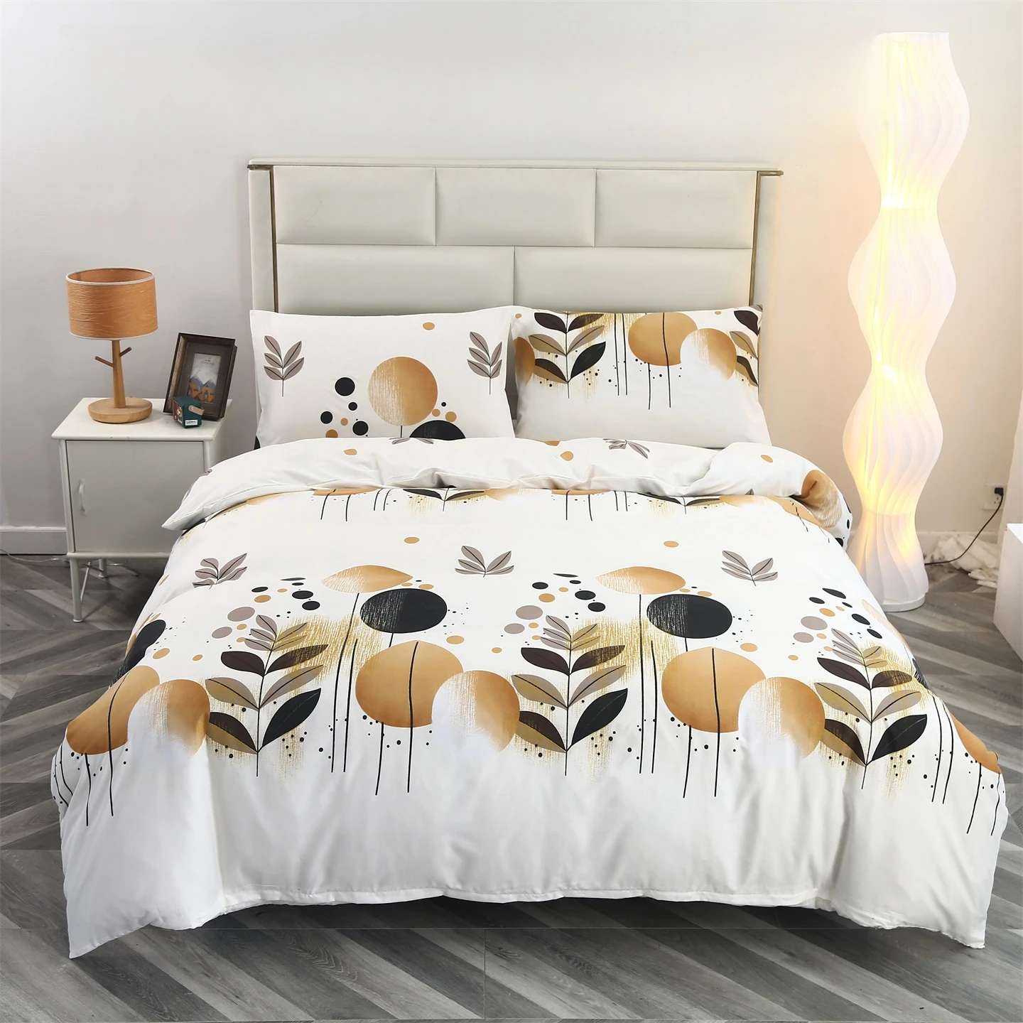 Abstract Botanical Duvet Cover Sets Beige Modern Mid Century Boho Bedding Sets for All Seasons, 3 Pieces Home Bedroom Decoration