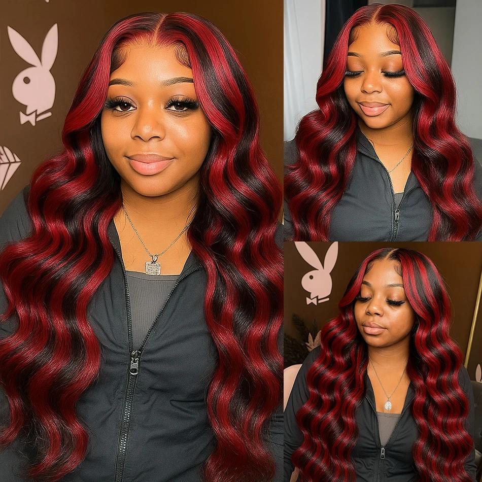 قبل قطع 5x5 شعر مستعار بدون صمغ ارتداء الشعر البشري والذهاب الجسم موجة بورجوندي تسليط الضوء على الباروكات 1B 99J أسود مع شعر مستعار أحمر اللون للنساء