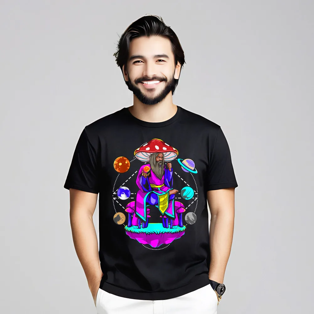 Short Sleeve Tees Labor Day Round Neck 100% Cotton Women's T Shirts Funny Magic Mushroom Wizard Planet Funny Tee-Shirt Cute