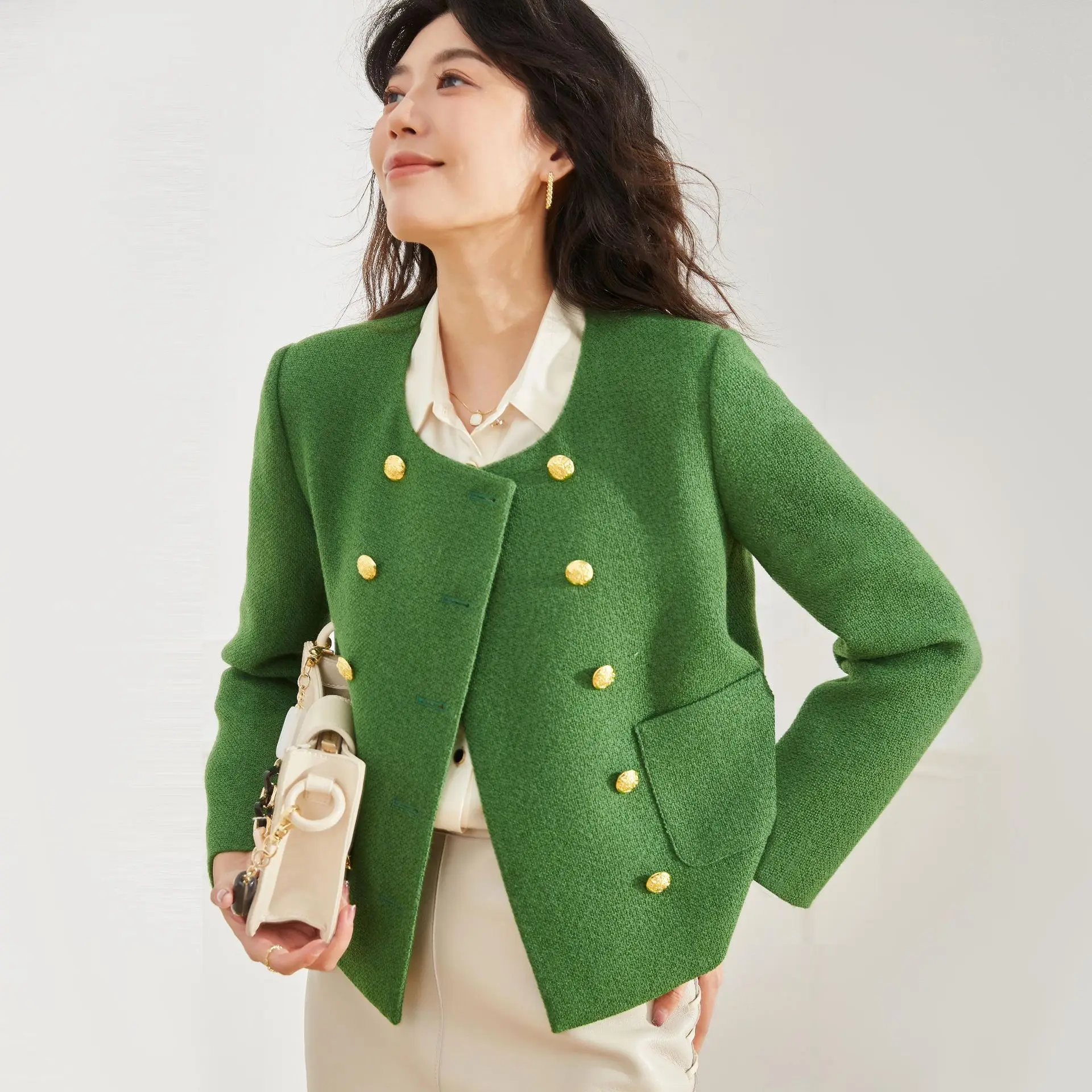 

New French bright color double-breasted small elegant fragrant tweed temperament commuter coat woman