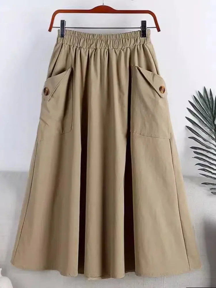

2024 New Summer Women's A-Line Skirt High Waist Elastic Waist Pocket Button Workwear Style Midi Skirt Trendy plus Size