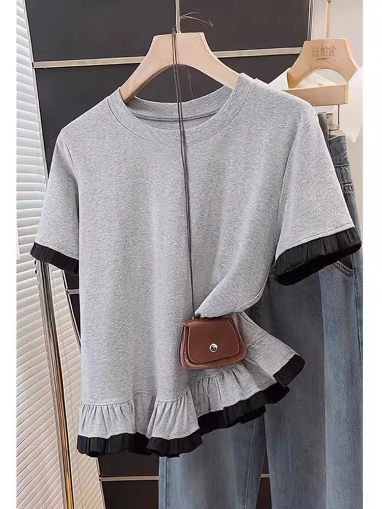 Extra Large Size 300 Pounds Lace Splicing Short Sleeve T-Shirt Women Summer Design Loose Fashion Age Reduction Top