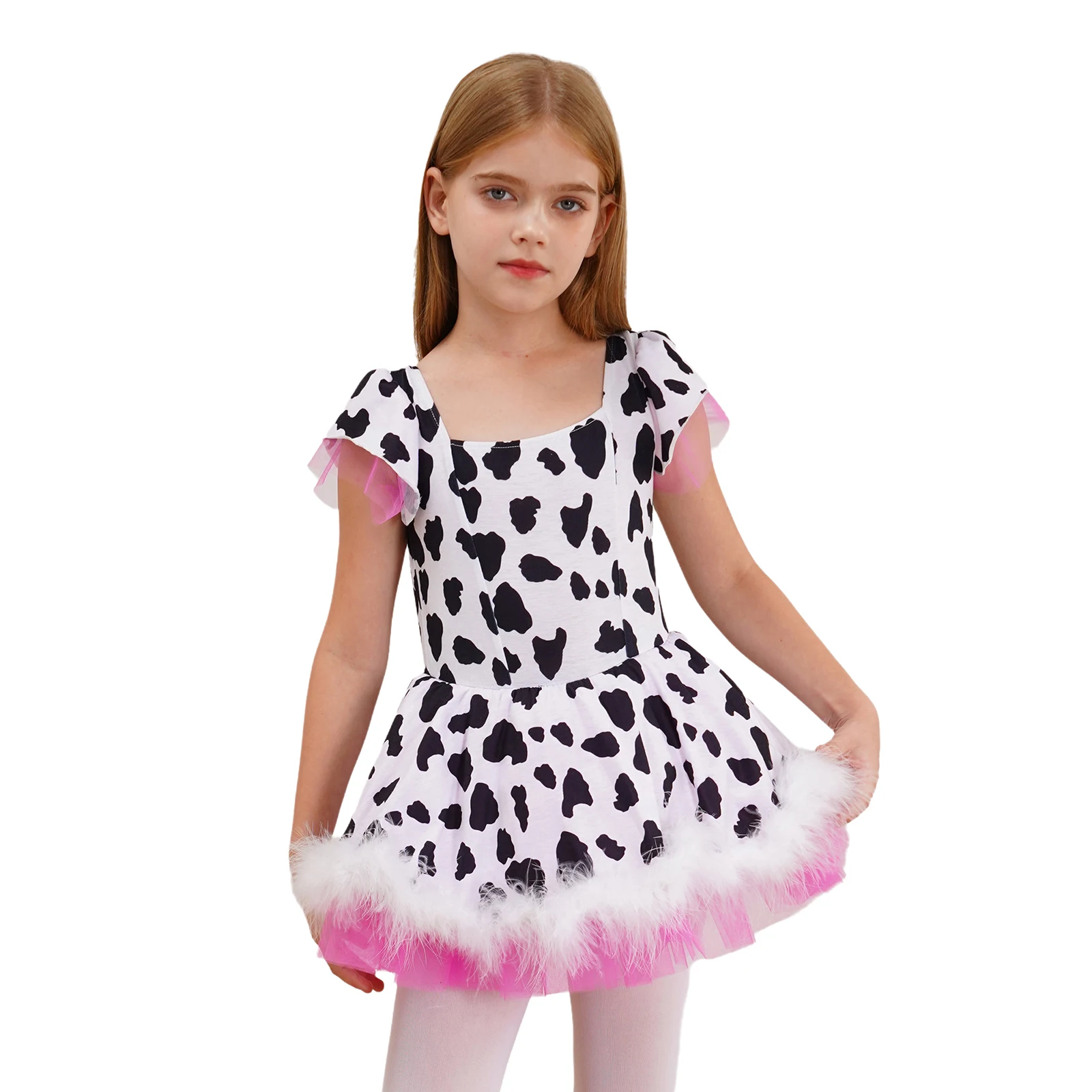 Kids Girls Halloween Cowgirl Cosplay Costume Short Sleeve Cow Print Plush Tutu Dress Leotard for Carnival Festival Theme Party