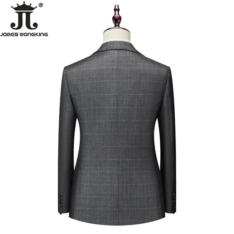 High-end Brand Classic Blue or Gray Plaid Men\'s Casual Business Suit Retro Official Suit Groom Wedding Dress Jacket Vest Pants