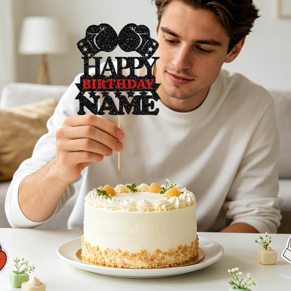 1pcs Custom Name Boxing Theme Cake Topper, Personalized Boxing Birthday Cake Decor for Party Celebration
