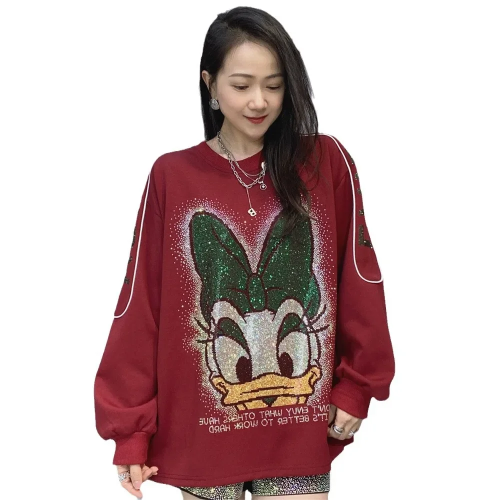 Fashion Autumn and Winter Round Neck Loose Cartoon Hoodies Women 2024 New Space Cotton Hot Diamond Oversize Sweatshirt Top