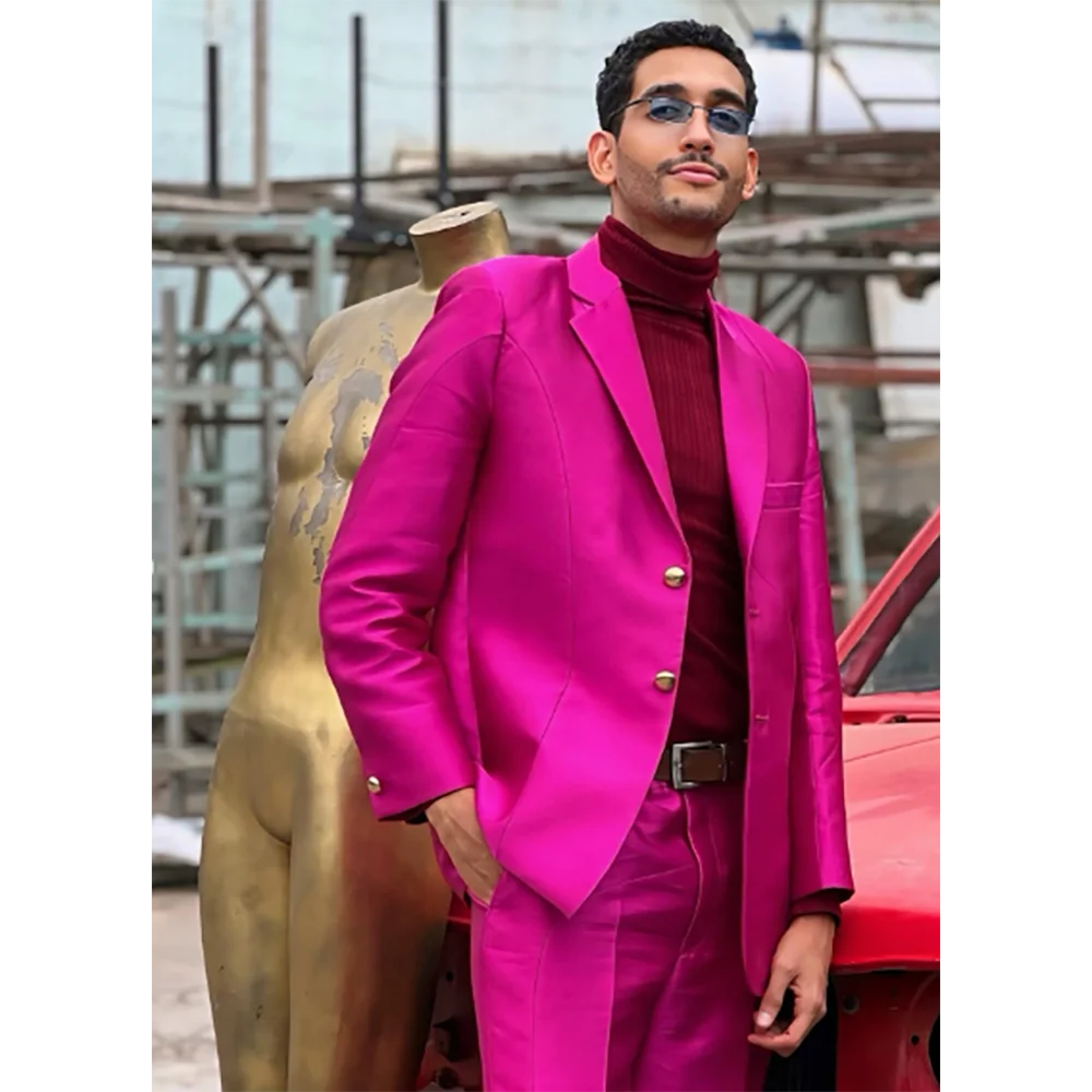 

Bright Pink Satin Single Breasted Men Suit Two Pieces(Jacket+Pants) Lapel Outfits Chic Casual Party Prom Wedding Set