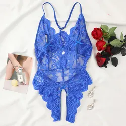 Hot Blue Crotchless Erotic Lingerie Set Lace Open Bra Women Sexy Costume Body Suit Porno Babydoll Bodysuit Garter Underwear Sets