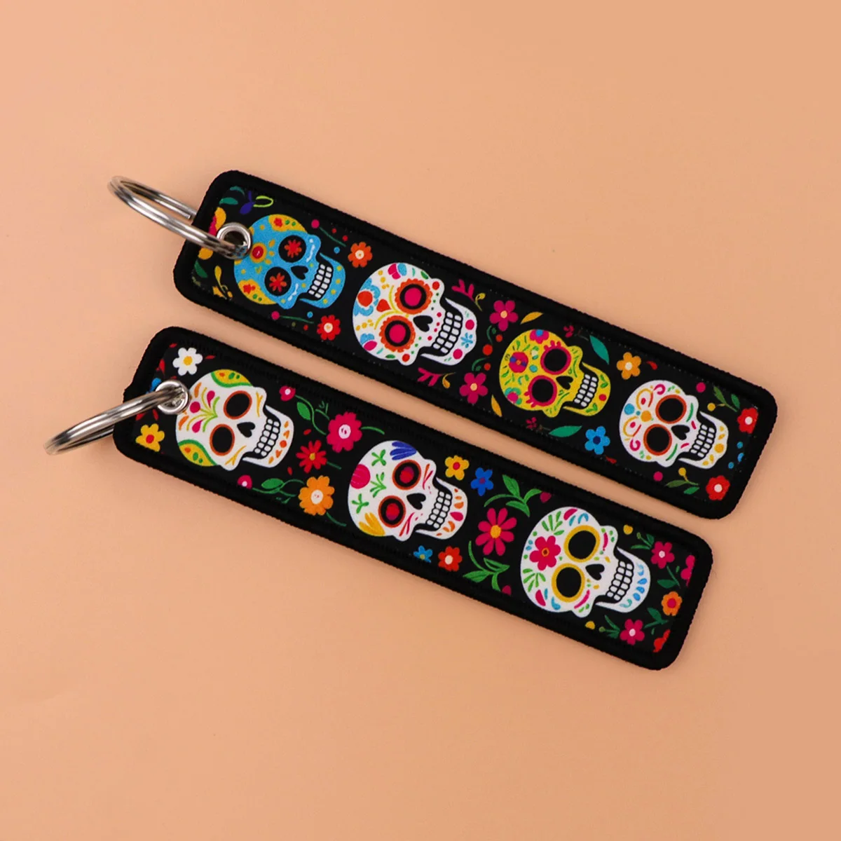 Skeleton and Flower Embroidery Keyring Key Tag For Motorcycles Cars Backpack Keychain Accessories Halloween Gifts for Friends
