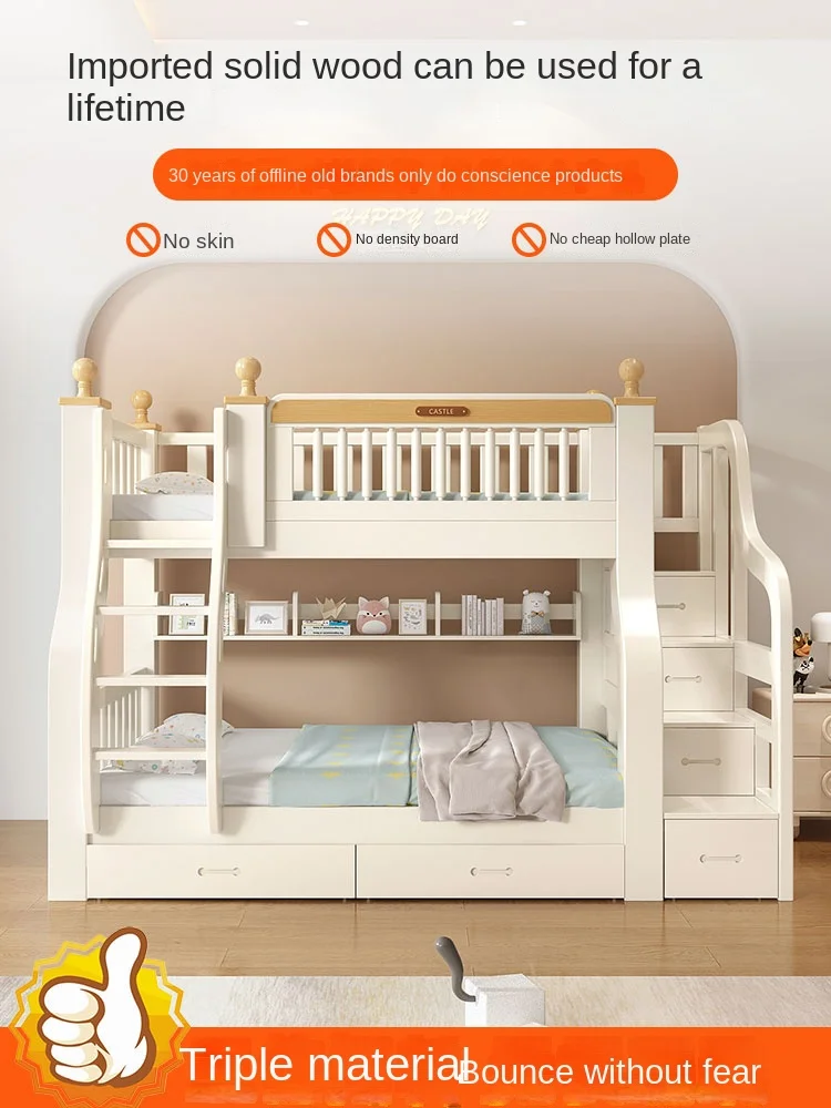 Beliche de alta e baixa madeira maciça, beliche de madeira maciça cheia, cama multi-camada, infantil e mãe