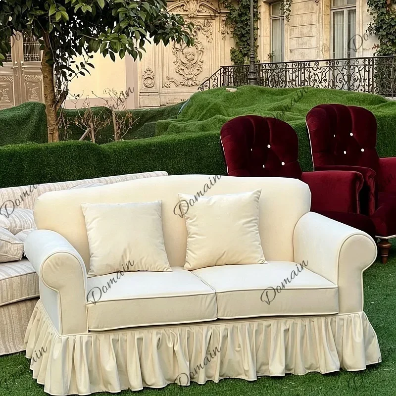 B80 French Retro Cream White Skirt Fabric Sofa Small Apartment Hotel Photography Double