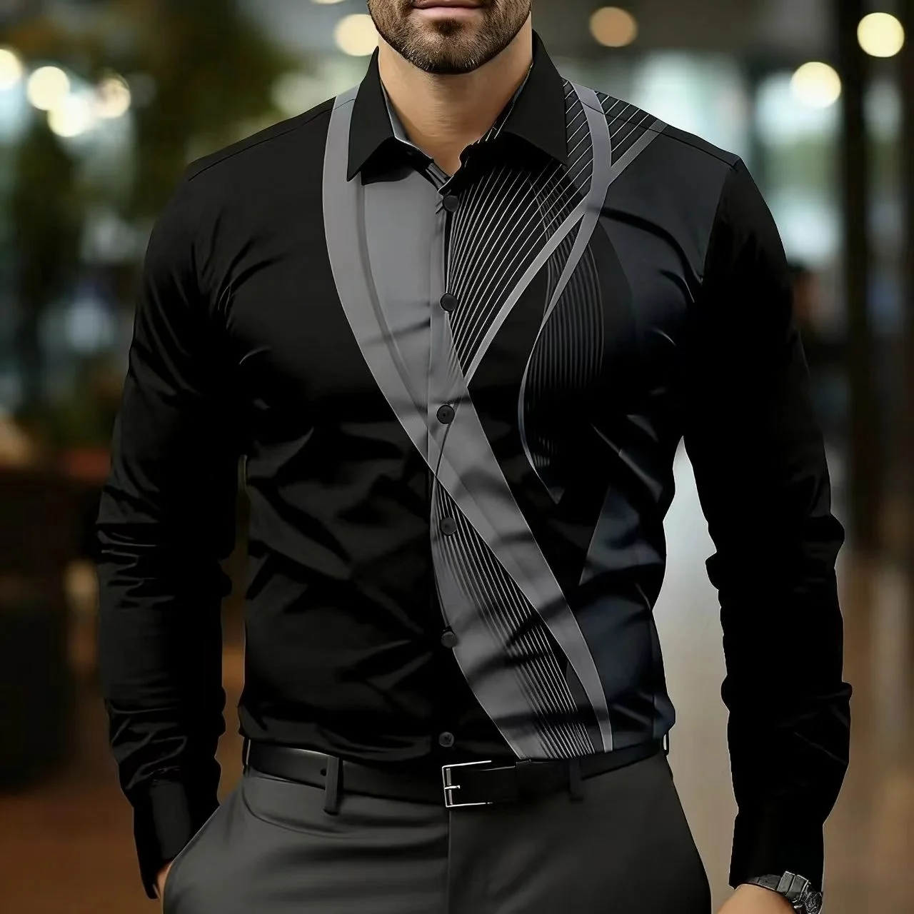 Men's Long Sleeved Shirt  3D Printed Top  Urban Fashion  Plus Size Casual And Comfortable men's Clothing  Black Business Shirt