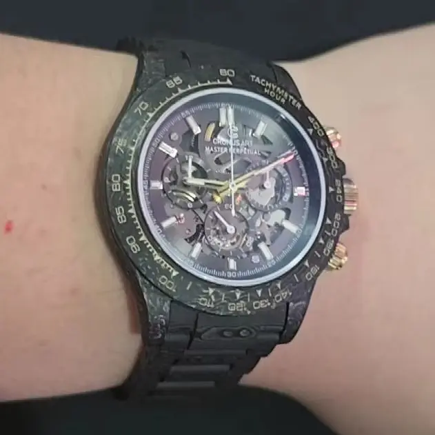 CRONUSART Men Chronograph Watch 42mm Automatic Mechanical Wristwatch Carbon Fiber Case & Strap Sapphire Luminou Skeleton Dial