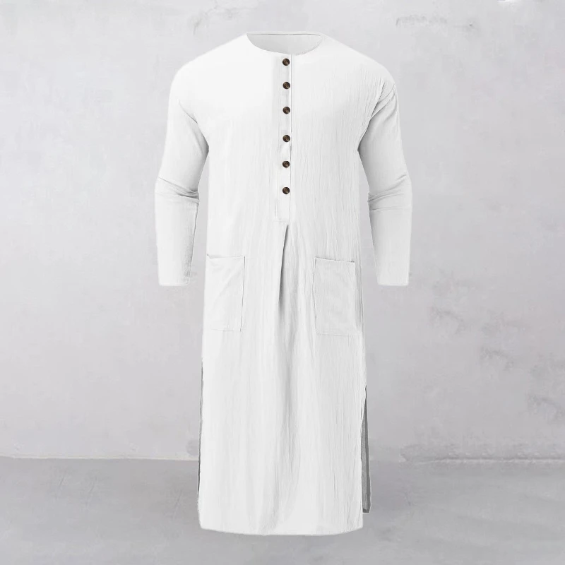 Men's Muslim Middle Eastern Pocket Round Neck Thobe - Loose Islamic Traditional Long Robe with Pockets