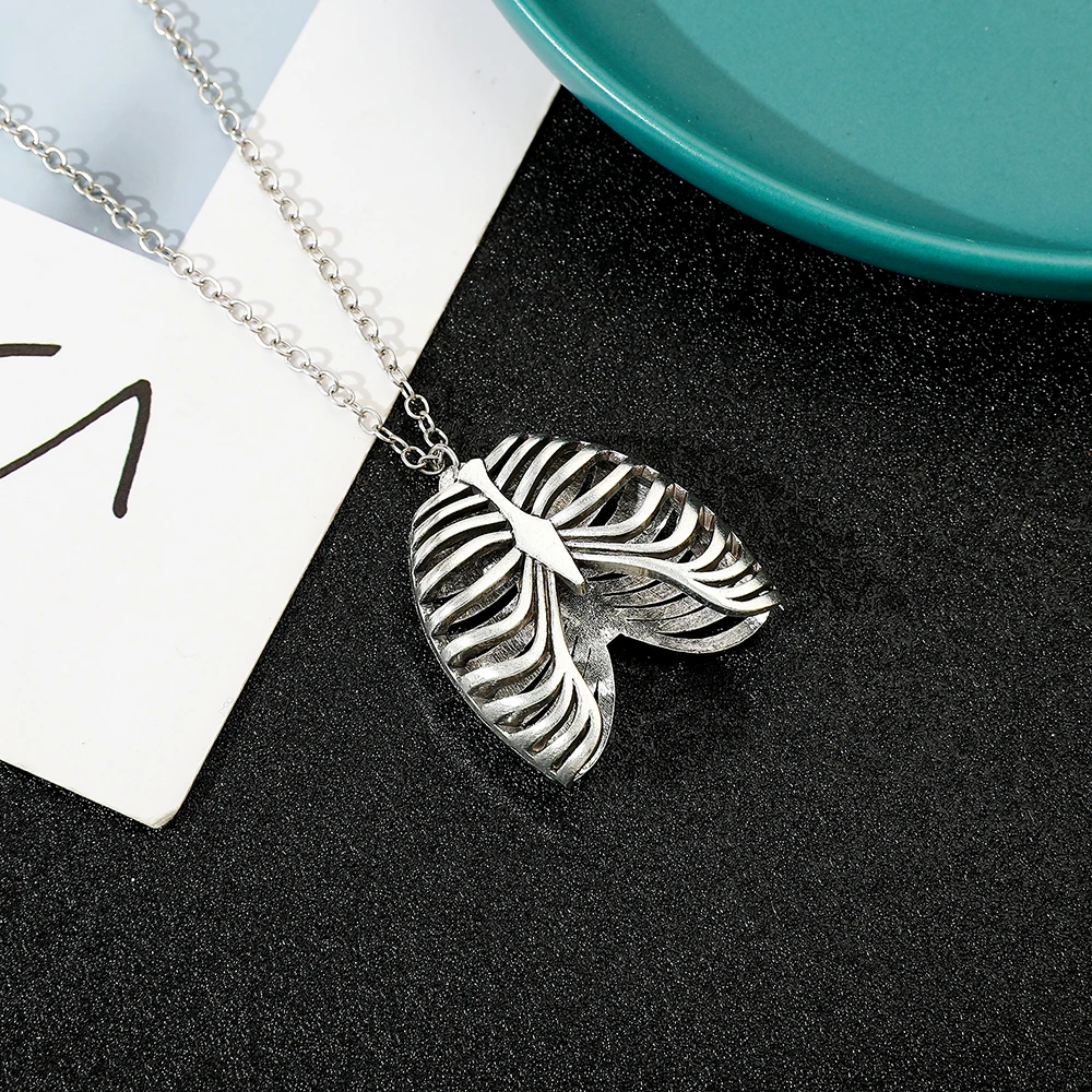 Retro Gothic Rib Cage Skeleton Heart Pendant Necklace