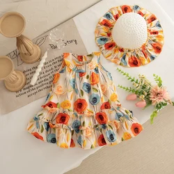 Girls' Summer New Bohemian Vacation Style Hanging Neck Dress Sweet And Cute Rose Suspender Dress With Hat Included